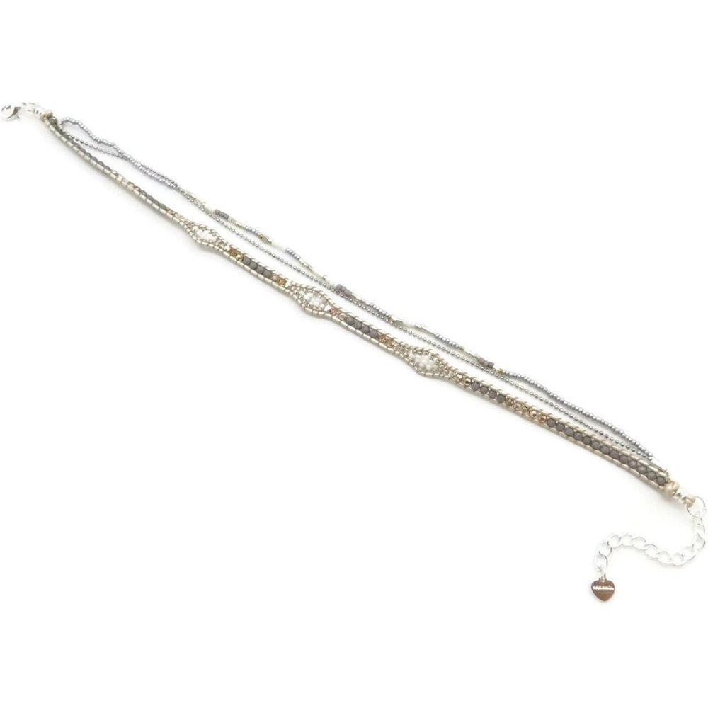 Nakamol Gray Mineral Stone & Crystal Beaded White Leather Necklace Choker NEW